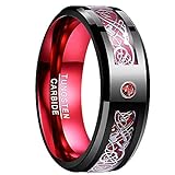 NUNCAD Ring Herren/Damen schwarz-rot mit rotem Zirkon und Keltischen Drachen Wolfram Ring mit Kohlefasern fÃ¼r Hochzeit Verlobung Trauung Geschenkidee GrÃ¶Ãe 54 (17.2)